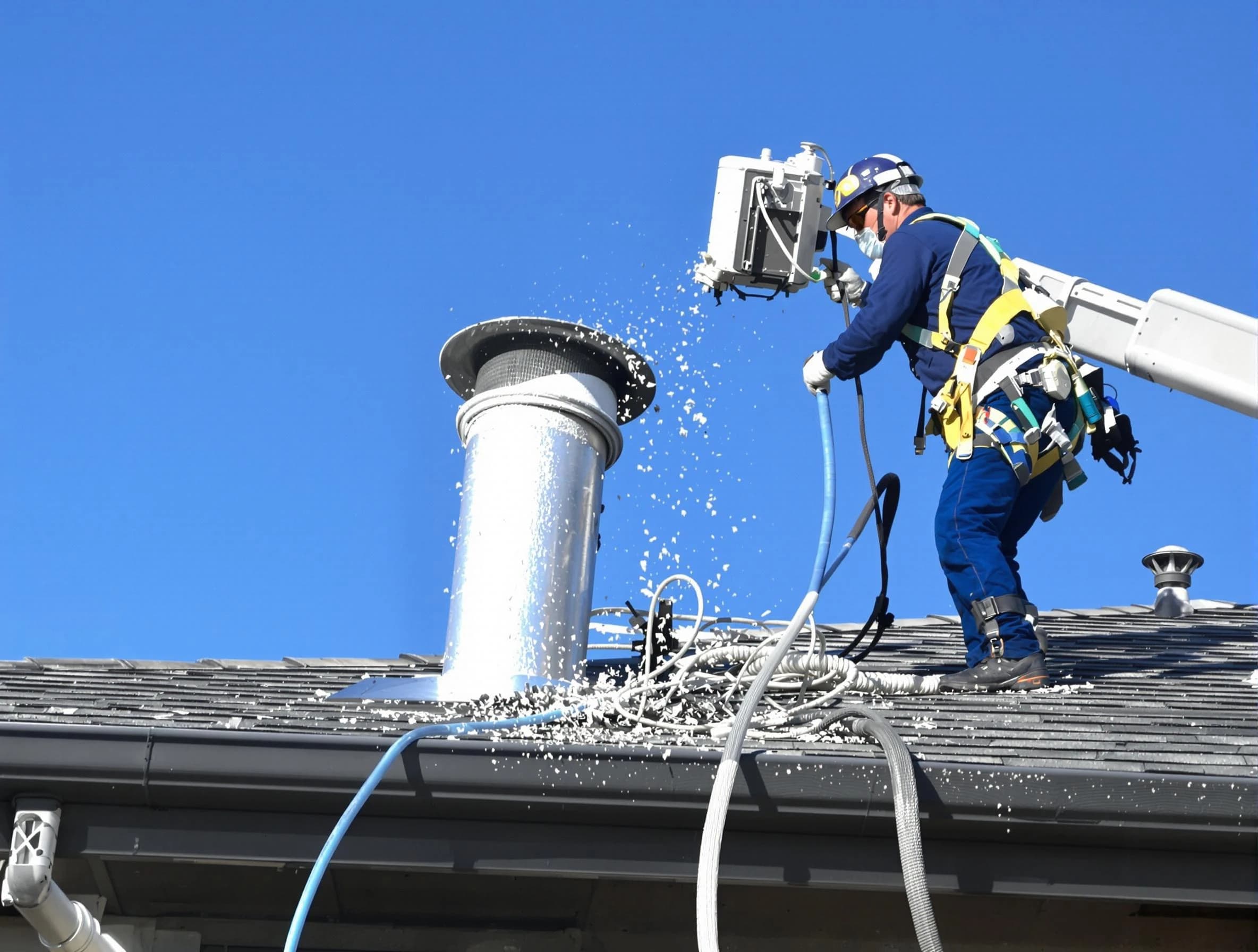 Payson Dryer Vent Cleaning certified technician safely cleaning a roof-mounted dryer vent in Payson